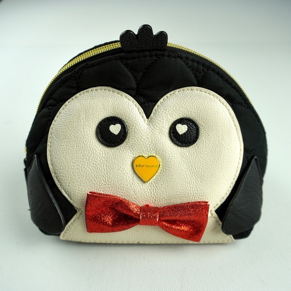 Betsey Johnson Bag Black Penguin Hearts Glitter Bow Tie Travel Make Up Cosmetic - Picture 1 of 7